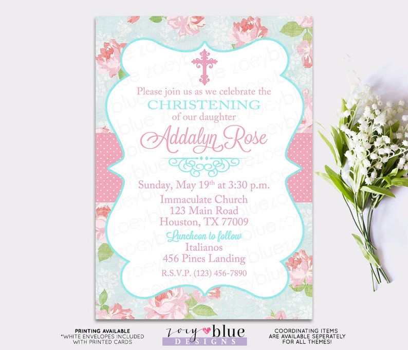 Shabby Chic Baptism Invitation Girl Floral Christening Etsy