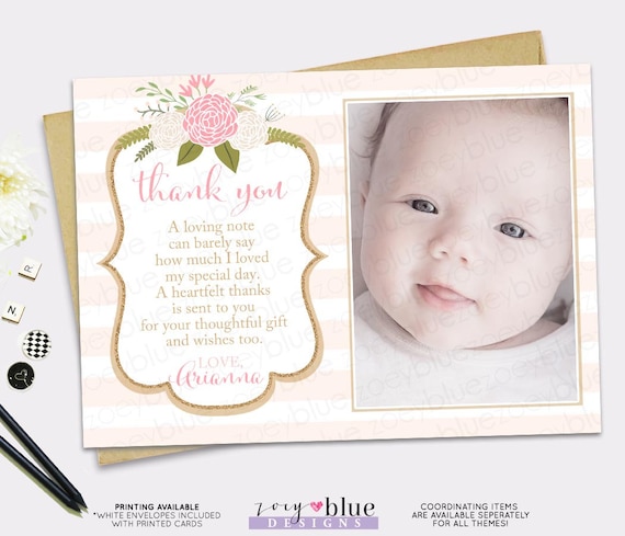 pink gold thank you card girl floral picture birthday thank you baptism thank you cards