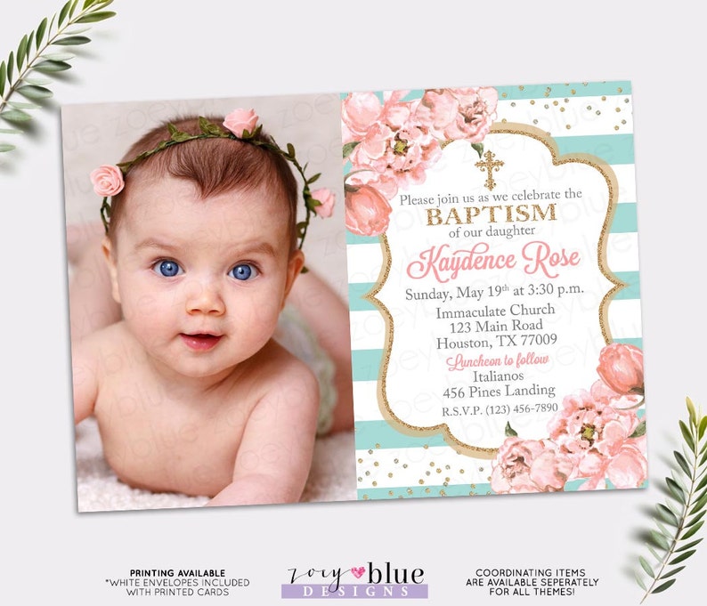Girl Baptism Invitation Blush Pink And Turquoise Baptism Etsy