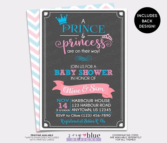 Twins Baby Shower Invitation Prince And Princess Baby Shower