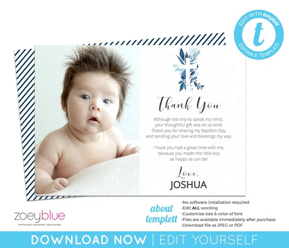 boy baptism thank you card navy blue winter boy christening azure wood cross first communion confirmation gracias bautizo templett baptism thank you card wording