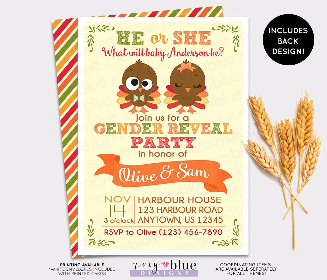Turkey Gender Reveal Invitation Thanksgiving Baby Shower ...