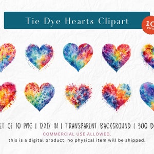 Watercolor Tie Dye Hearts Clipart - 10 PNG Files, 12x12 Inches, 300 DPI ...