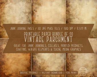 Vintage Parchment Junk Journal Pages - 20 Printable 8.5x11" JPGs, 300 DPI, Instant Download