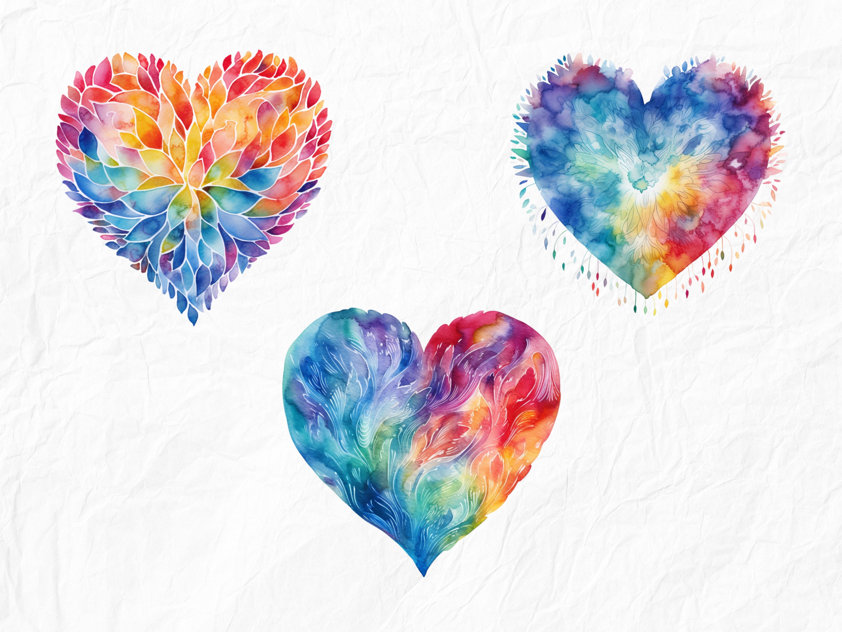 Watercolor Tie Dye Hearts Clipart - 10 PNG Files, 12x12 Inches, 300 DPI ...