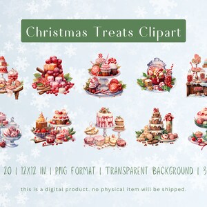 Christmas Treats Watercolor Clipart Set - 20 PNGs, Transparent Background, 12x12 Inches, 300 DPI