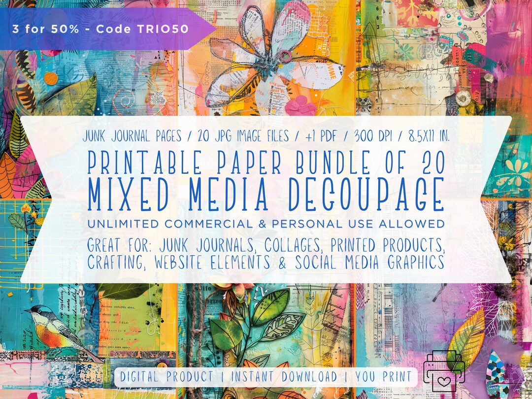 Mixed Media Decoupage - Grunge Junk Journal Pages - Printable Paper Set ...
