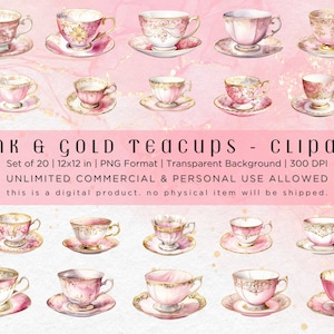 May include: Watercolor clipart set of 20 pink and gold teacups and saucers. Each teacup features intricate gold detailing and floral designs. The image includes the text "PINK & GOLD Teacups - CLIPART".