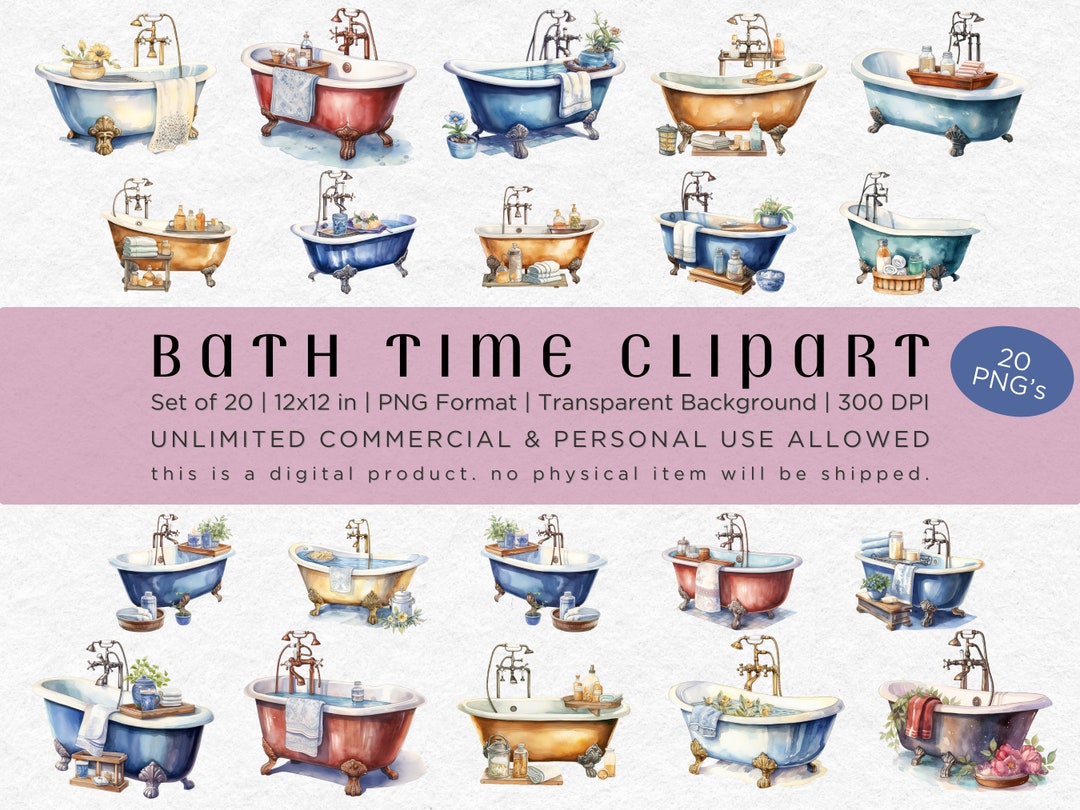 Watercolor Vintage Clawfoot Bathtub Clipart Clipart Bundle, Commercial