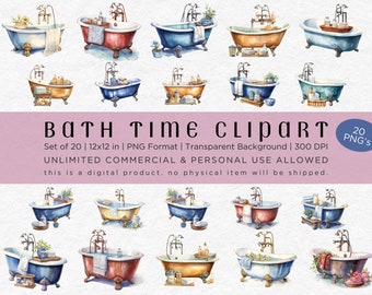 Watercolor Vintage Clawfoot Bathtub Clipart - Clipart Bundle, Commercial Use, 12x12, PNG Files, Transparent Background, 300 DPI