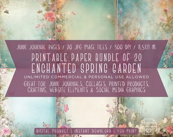 Enchanted Spring Garden, Grunge Paper Set - Junk Journal Pages - 20 JPGs, 8.5x11 Inches, 300 DPI