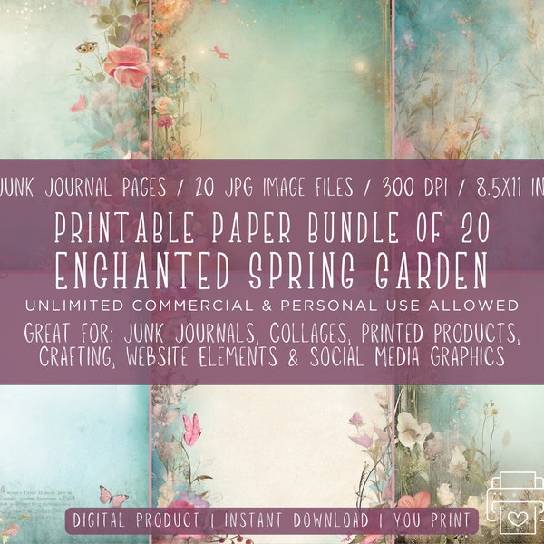 Enchanted Spring Garden, Grunge Paper Set - Junk Journal Pages - 20 JPGs, 8.5x11 Inches, 300 DPI