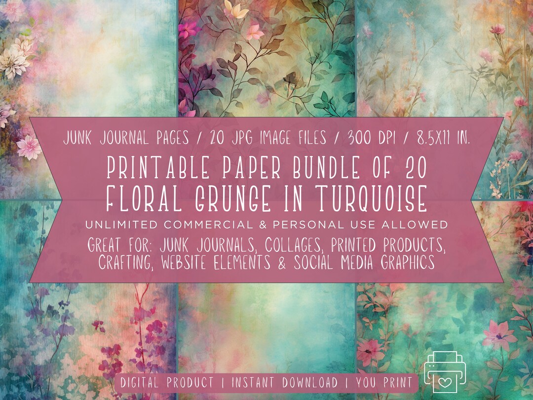 Turquoise Floral Grunge Paper Set: 20 Junk Journal Pages (digital ...