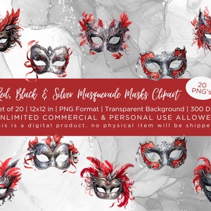 Rot, Schwarz & Silber Maskerade Masken - Aquarell Clipart, 20 PNG Dateien, kommerzielle Nutzung, 12 x 12