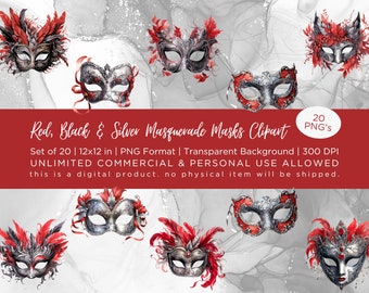 Red, Black & Silver Masquerade Masks - Watercolor Clipart, 20 PNG Files, Commercial Use, 12x12