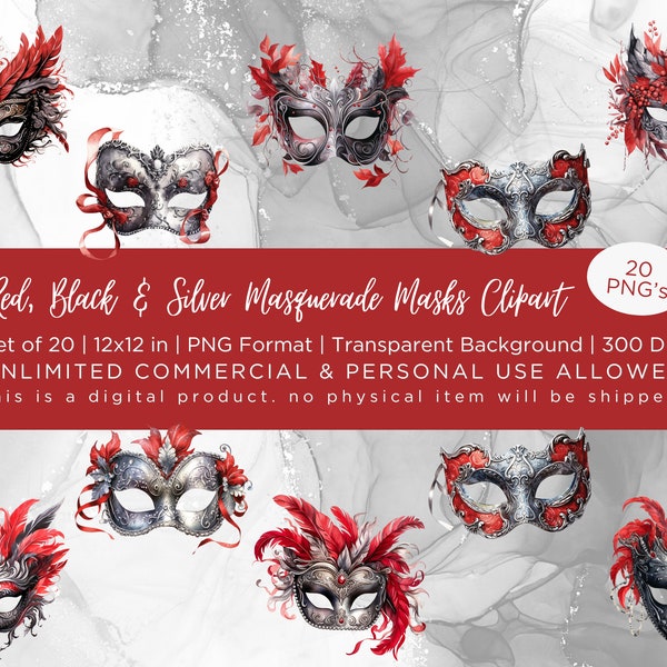 Red, Black & Silver Masquerade Masks - Watercolor Clipart, 20 PNG Files, Commercial Use, 12x12