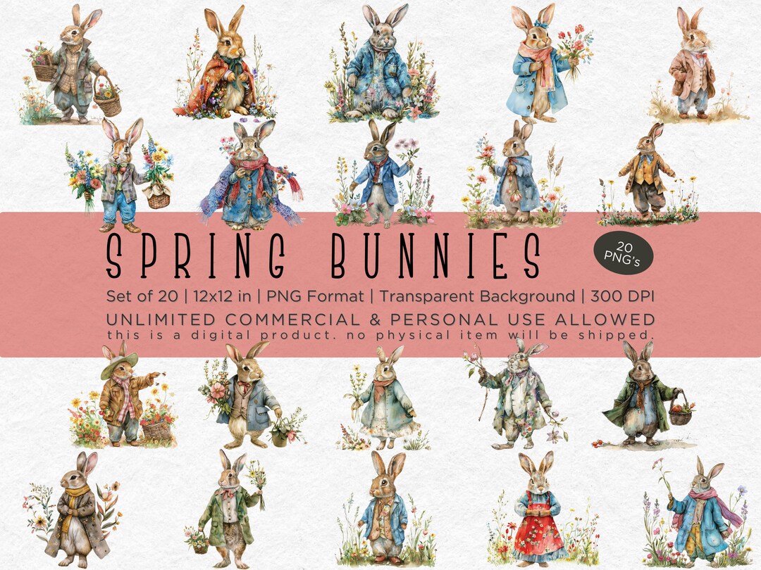 Spring Bunnies Clipart - Watercolor Clipart Bundle, Commercial Use ...