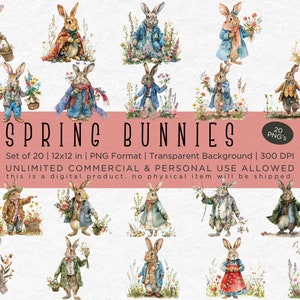 Spring Bunnies Clipart - Watercolor Clipart Bundle, Commercial Use, 12x12, PNG Files, Transparent Background, 300 DPI