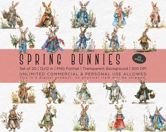 Spring Bunnies Clipart - Watercolor Clipart Bundle, Commercial Use, 12x12, PNG Files, Transparent Background, 300 DPI