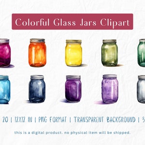 Colorful Glass Jars Clipart Set - 20 PNG Images, Transparent Background, 12x12 Inches, 300 DPI