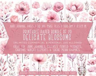 Delicate Blossoms Paper Set - Shabby Chic Floral Printable Pages - 20 JPGs, 8.5x11 Inches, 300 DPI