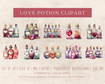 Watercolor Love Potion Bottles Clipart - 20 Enchanting PNG Files, 12x12, 300 DPI, Transparent Background