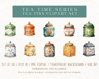 Aquarel theeblikjes clipart-20 png-bestanden, 12 x 12, 300 dpi, transparante achtergrond