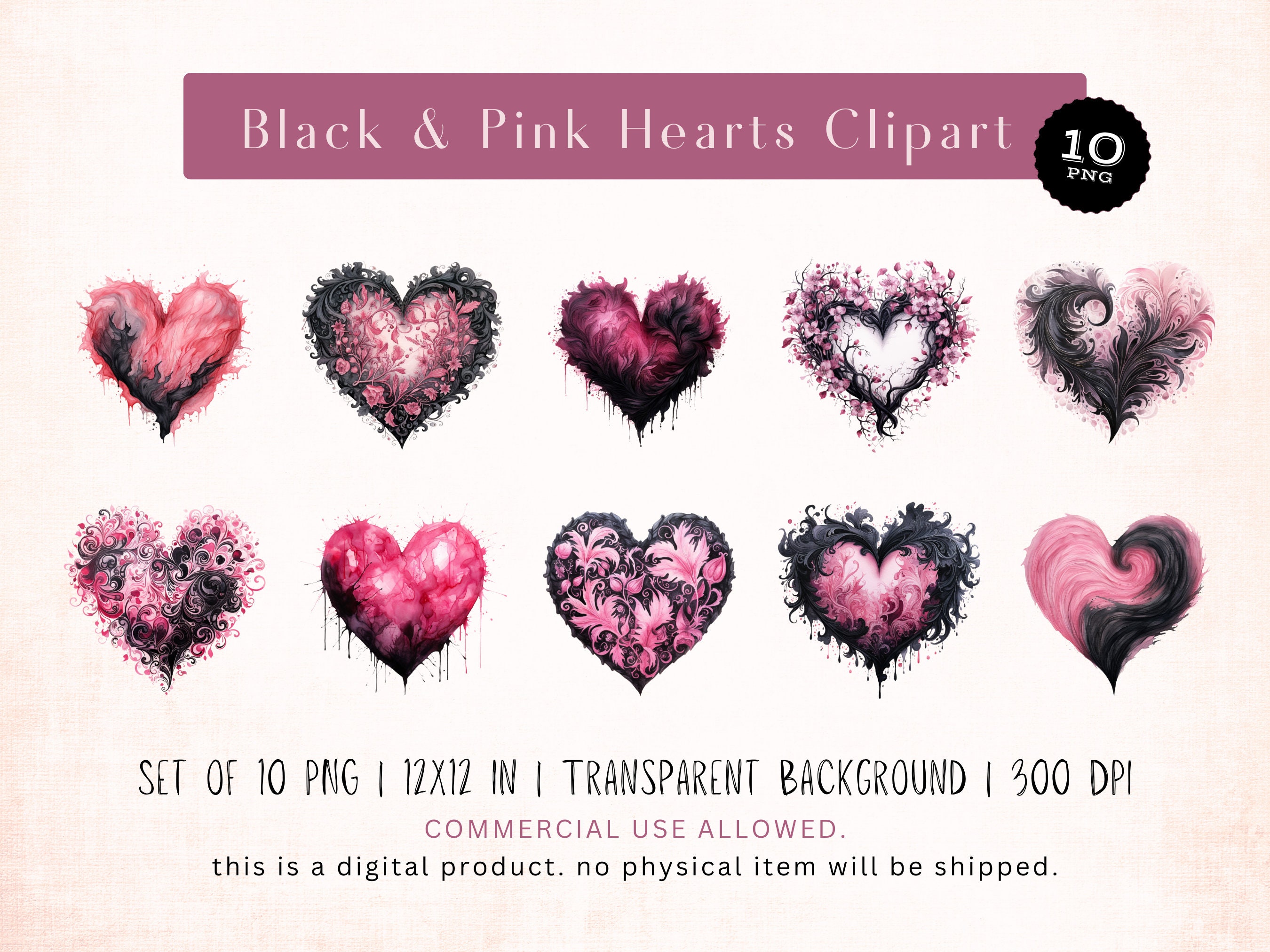 Watercolor Black & Pink Hearts Clipart 10 PNG Files, 12x12 Inches, 300 ...