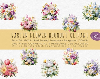 Easter Flower Bouquet Clipart - Watercolor Clipart, 20 PNG Files, Commercial Use, 12x12, Transparent Background, 300 DPI