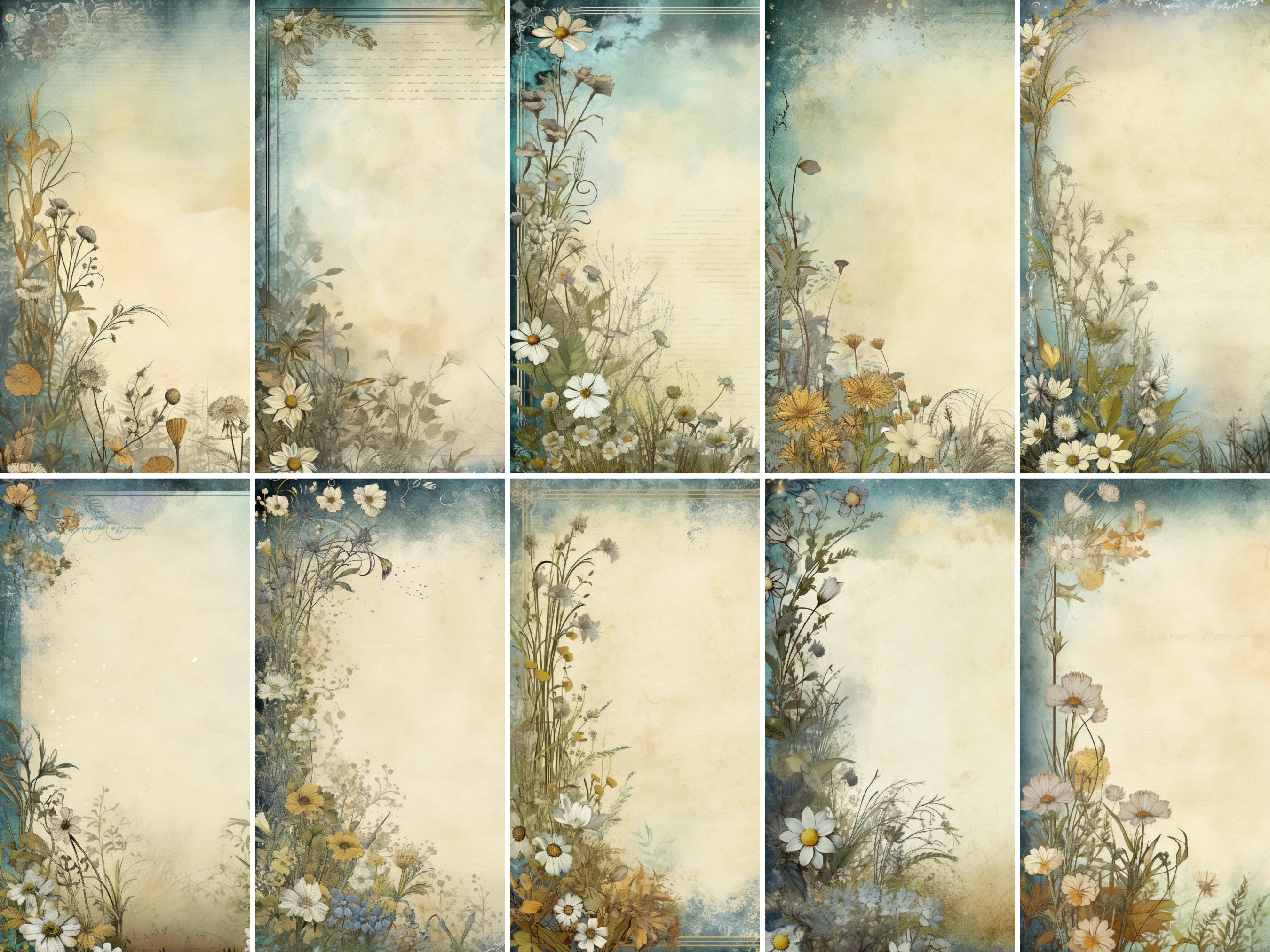 Blue & Gold Grunge Paper Set - Printable Junk Journal Pages (20 Jpgs, 8 ...
