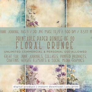 Floral Grunge Paper Set - Junk Journal Pages - 20 JPGs, 8.5x11 Inches, 300 DPI