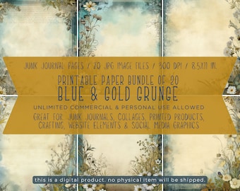 Blue & Gold Grunge Paper Set - Printable Junk Journal Pages (20 JPGs, 8.5x11 Inches, 300 DPI)