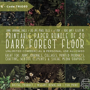 Sol forestier sombre - Pages de journal indésirables grunge - Ensemble de papier imprimable - 20 JPG, 8,5 x 11 pouces