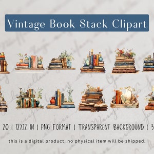 May include: Set of 20 vintage book stack clipart illustrations in PNG format with transparent backgrounds. Each illustration features a stack of books with various decorative elements, such as flowers, candles, and other objects. The illustrations are in a watercolor style and are perfect for adding a touch of vintage charm to your projects.