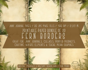 Fern Borders Printable Paper Bundle, Digital Junk Journal Pages (20 JPGs, 8.5x11 Inches, 300 DPI)