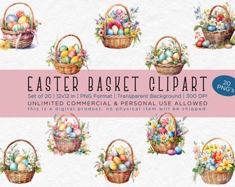 Easter Basket Clipart - 20 PNG Files, Watercolor Clipart Bundle, Unlimited Commercial Use, 12x12, 300 DPI