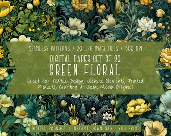 Floral Green Seamless Patterns - Botanical Digital Paper, 20 JPGs, 12x12", 300 DPI