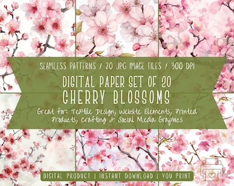 Cherry Blossoms Seamless Patterns - Botanical Digital Paper, 20 JPGs, 12x12", 300 DPI