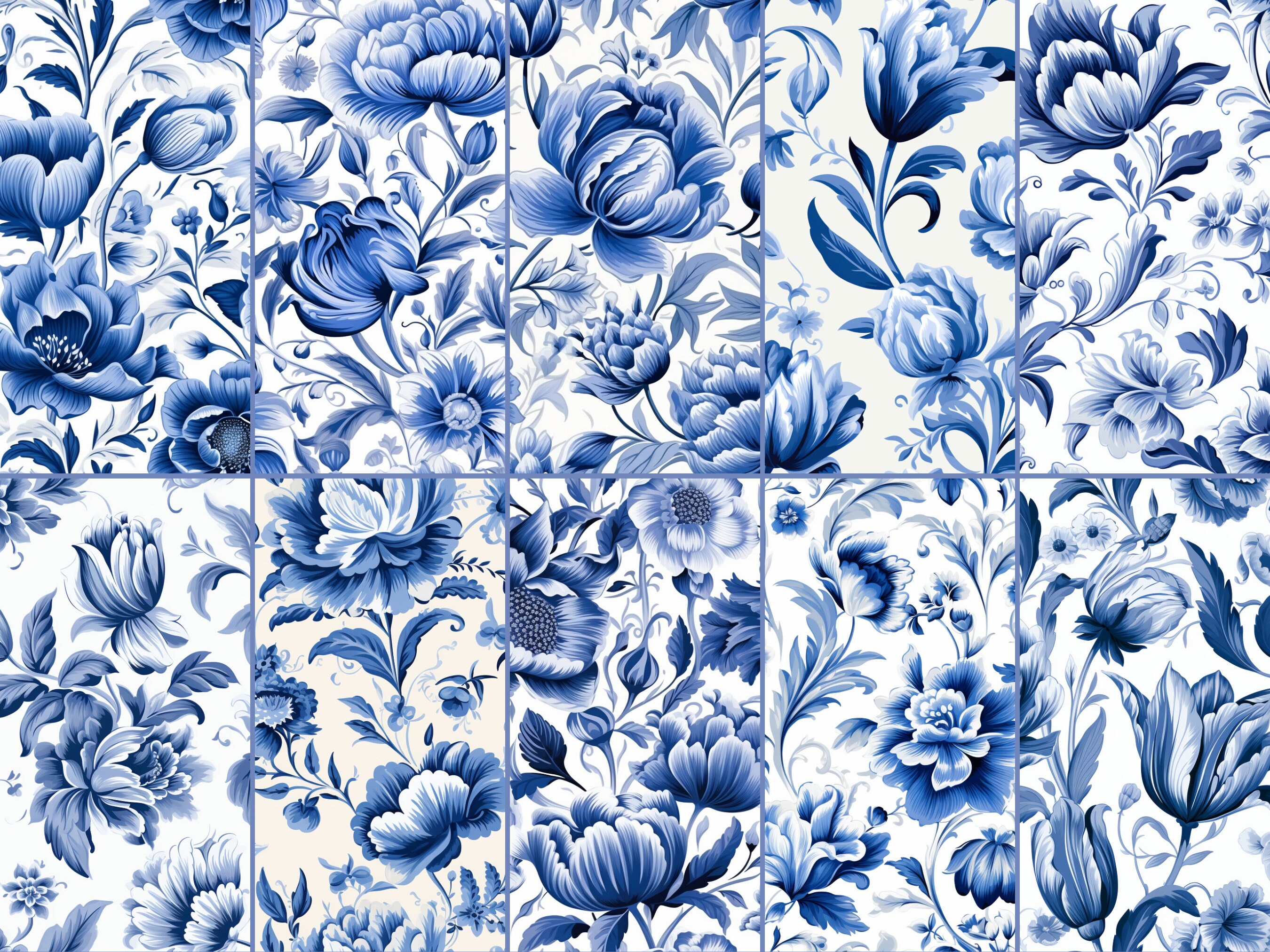 Floral Delft Blue Seamless Patterns - 20 Blue & White Jpgs, 12x12 ...