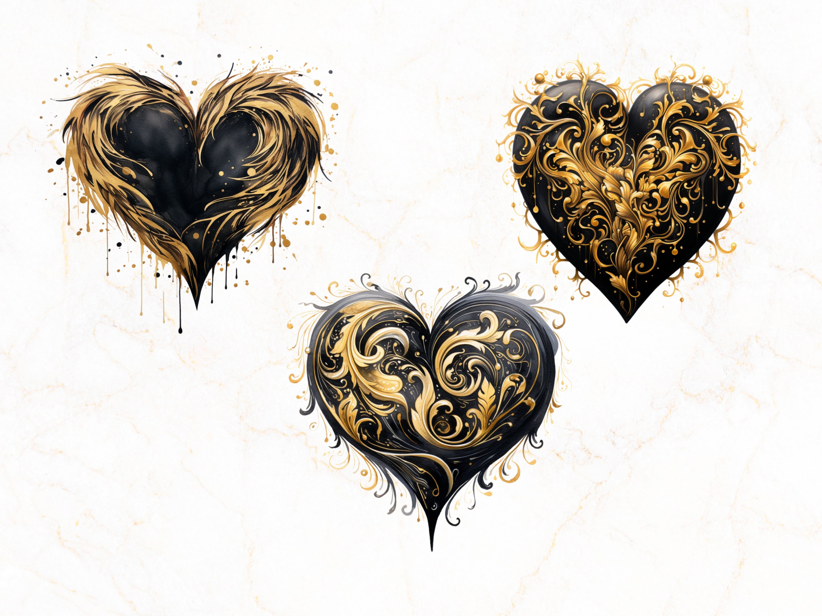Watercolor Black & Gold Hearts Clipart - 10 PNG Files, 12x12 Inches ...