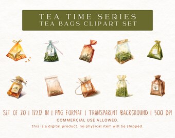 Aquarel theezakjes clipart-20 png-bestanden, 12 x 12, 300 dpi, transparante achtergrond