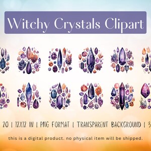 Witchy Crystals Clipart Set - 20 PNG Files, 12x12 Inches, 300 DPI, Instant Download