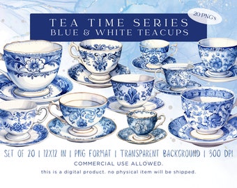 Blue & White Teacups Watercolor Clipart - 20 PNG Files, 12x12 Inches, 300 DPI, Transparent Background