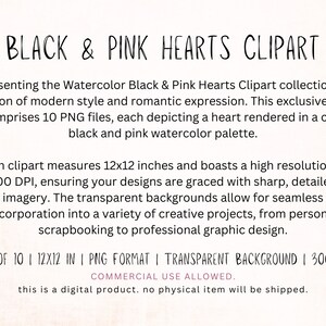 Watercolor Black & Pink Hearts Clipart - 10 PNG Files, 12x12 Inches ...