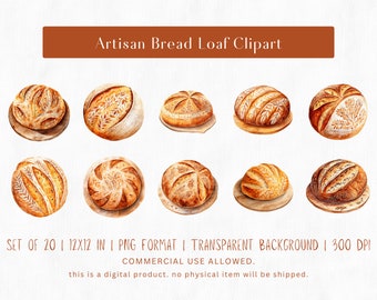 May include: Set of 20 watercolor illustrations of artisan bread loaves on wooden boards. The loaves are various shapes and sizes, with different textures and patterns. The illustrations are in PNG format with a transparent background and 300 DPI resolution.