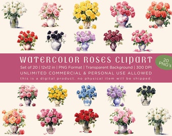 Watercolor Roses Clipart - 12x12" PNG Files, Floral Digital Art, Transparent Background, 300 DPI, Commercial Use