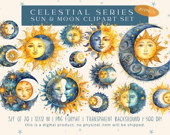 Sonne & Mond Aquarell Clipart - 20 PNG Dateien, 300 DPI, transparenter Hintergrund
