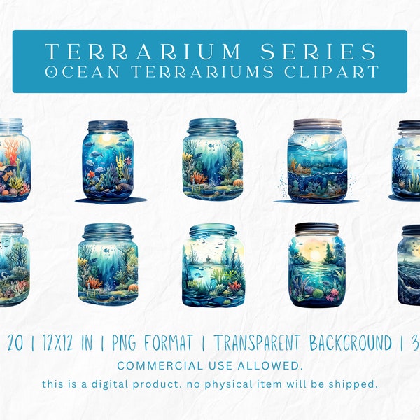 Ocean Terrariums Clipart Set - 20 PNG Images, Transparent Background, 12x12 Inches, 300 DPI