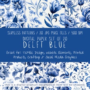 May include: A set of 20 digital paper patterns featuring a Delft blue floral design. The patterns are seamless and perfect for textile design, website elements, printed products, crafting, and social media graphics.  "SEAMLESS PATTERNS / 20 JPG IMAGE FILES / 300 DPI DIGITAL PAPER SET OF 20 DELFT BLUE Great for: Textile Design, website Elements, Printed Products, crafting & Social Media Graphics this is a digital product. no physical item will be shipped."