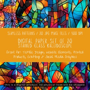 20 Seamless Abstract Patterns, Stained Glass Kaleidoscope, JPG Format - Digital Download